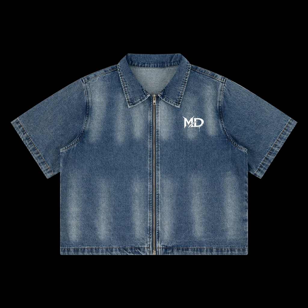 Unisex Vintage Washed Full-Zip Denim Shirt