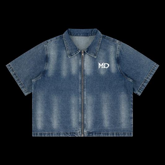 Vintage Washed Full-Zip Denim Shirt