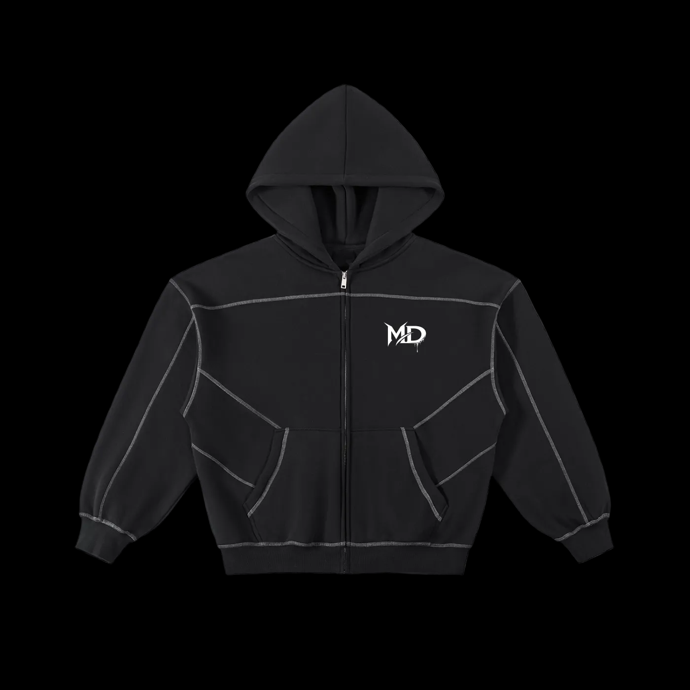 Contrast-Stitched Boxy Fleece Zip Hoodie